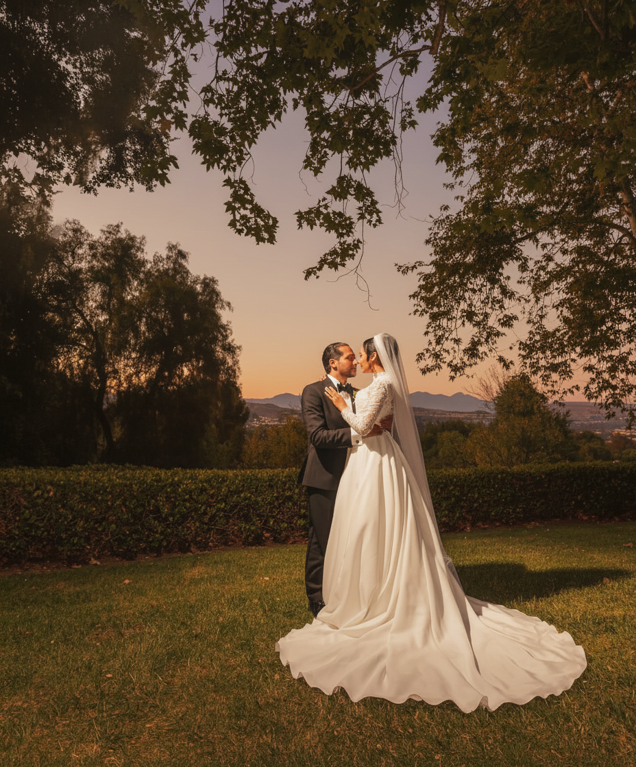 Bride and groom in garden at twilight