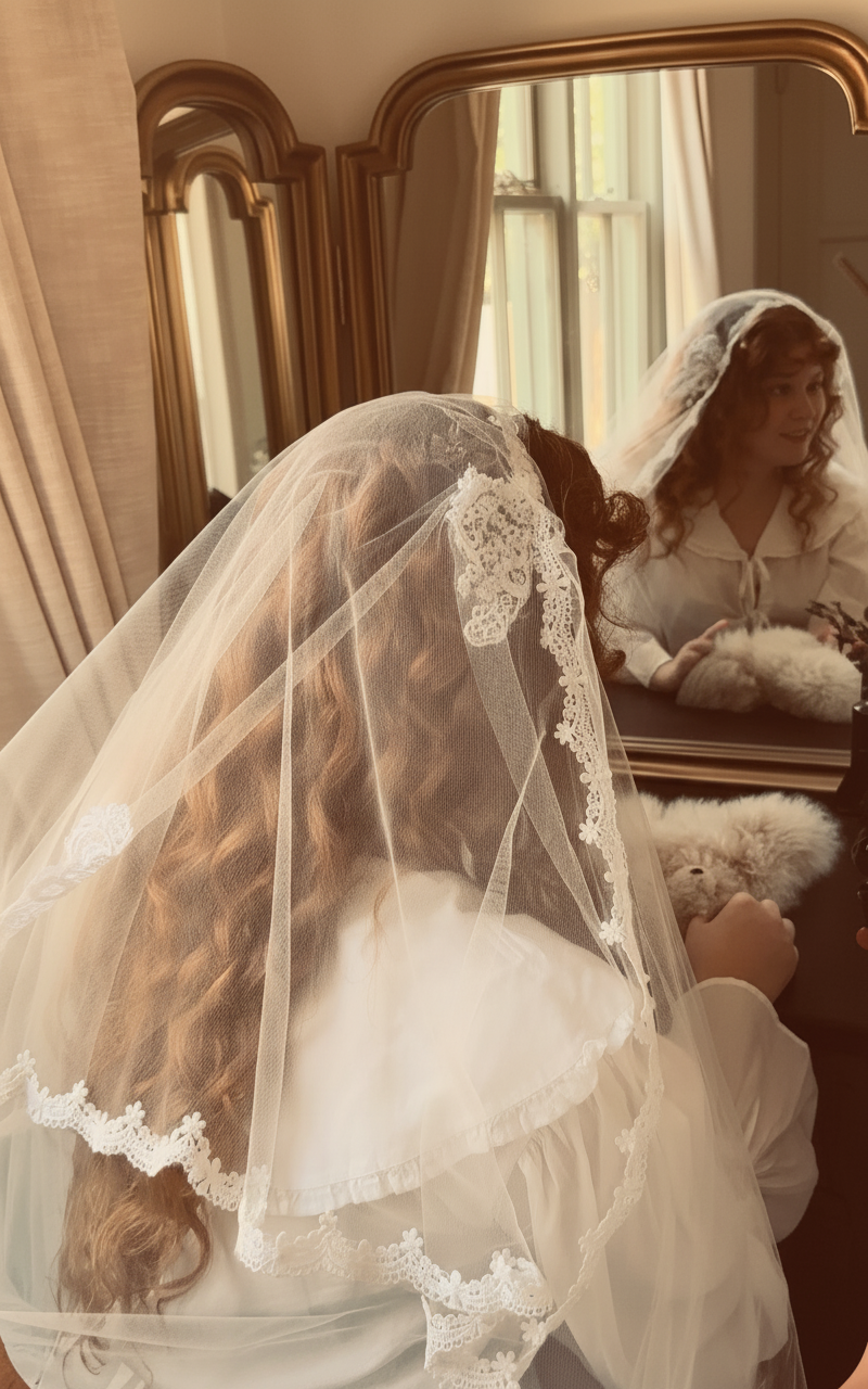 Bride in veil viewing mirror reflection
